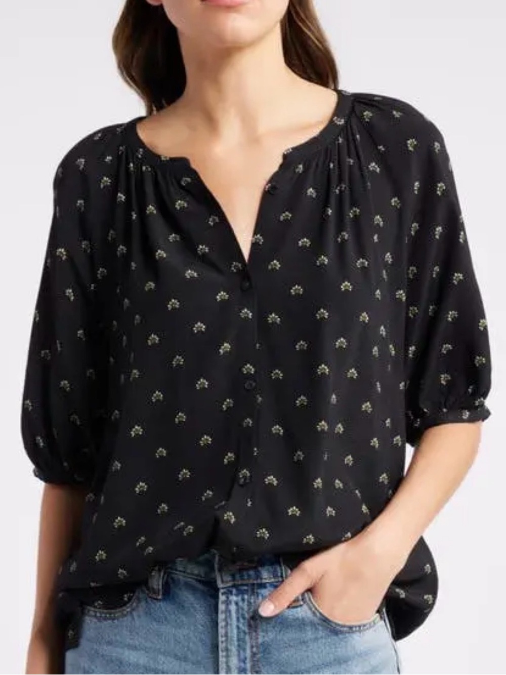 Treasure & Bond Black Floral Button-Up Peasant Blouse
